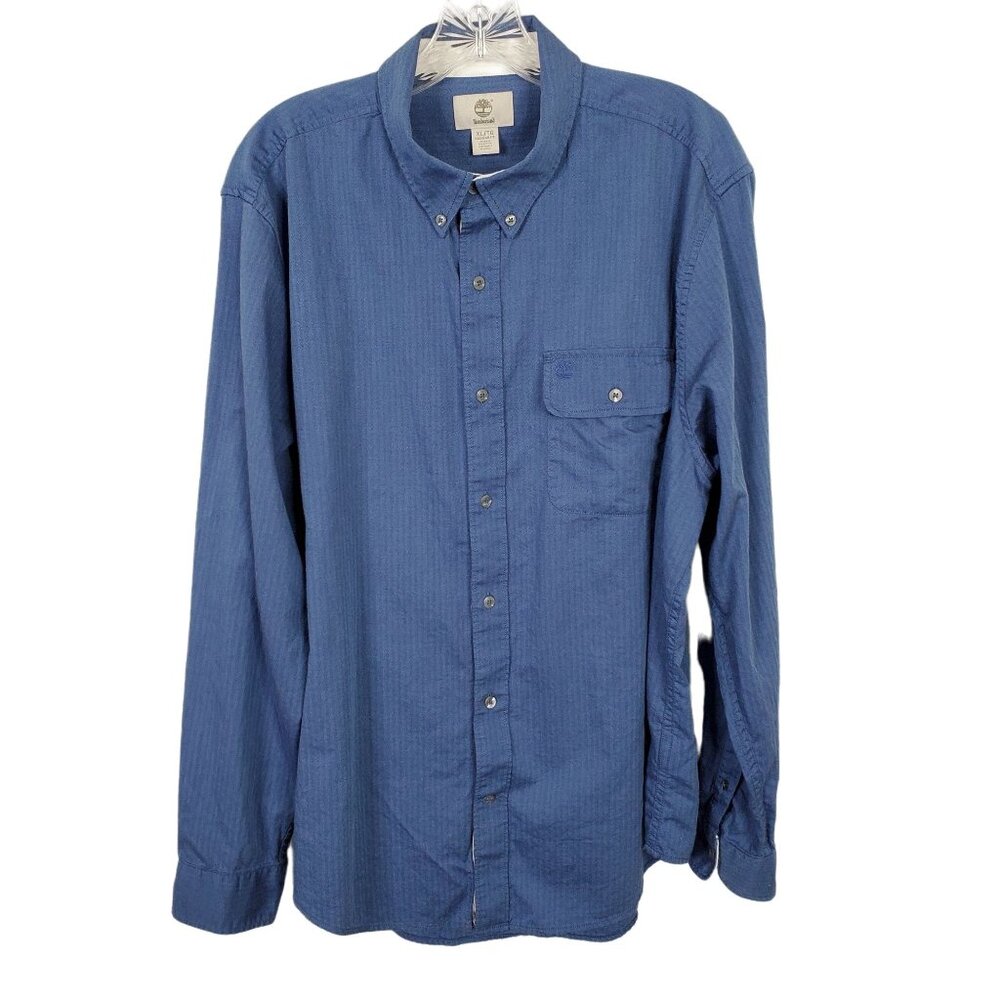 Timberland Mens Size XL Shirt Button Down Collar Herringbone Shadow Fabric Logo - Picture 1 of 7